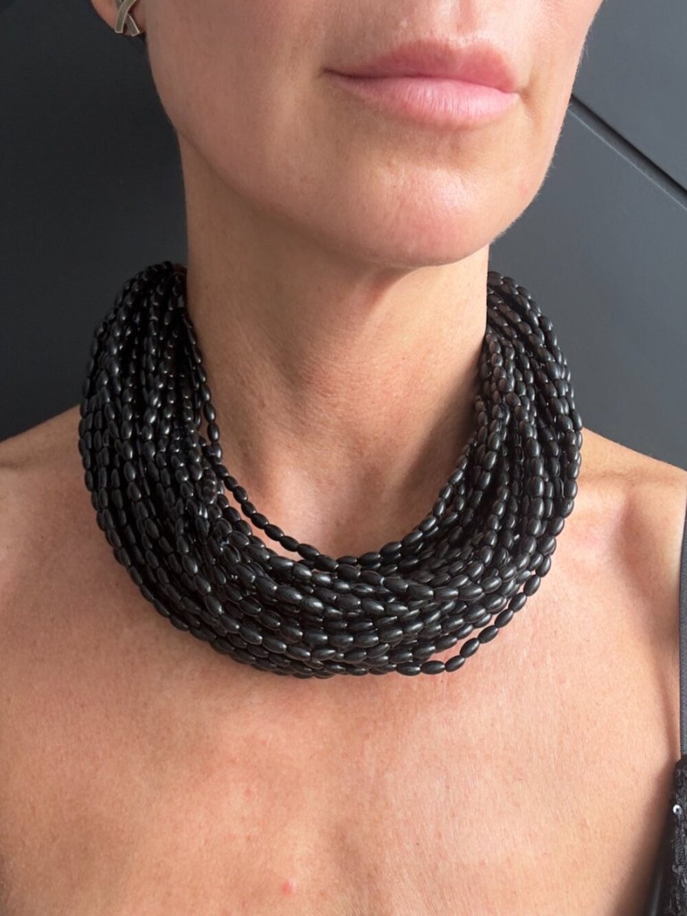 Black Multi-Strand Beaded Ribbon Tie Necklace